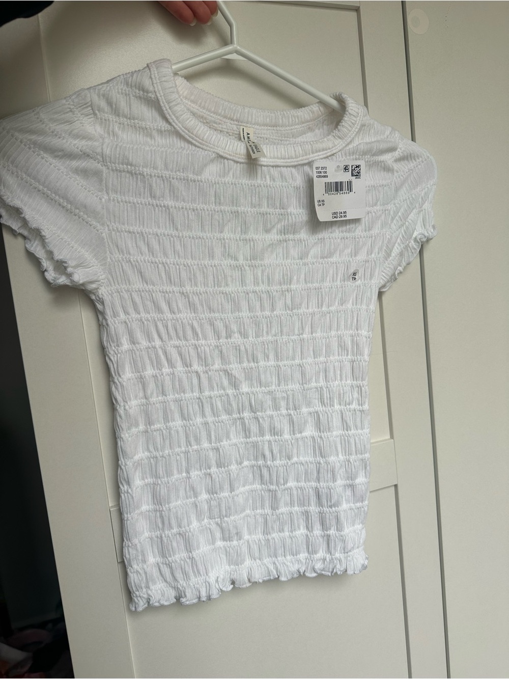 American Eagle Outfitters White Smocked Short-Sleeve Top